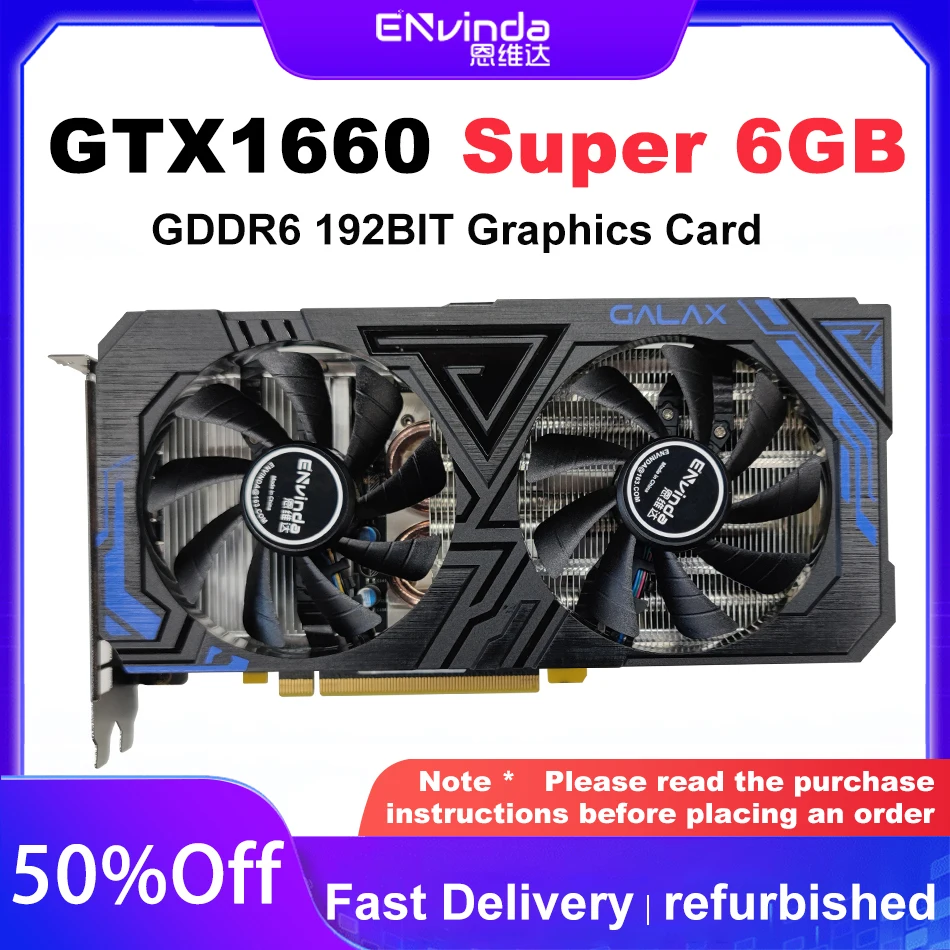  Used Envinda GTX 1660 Super 6GB GDDR6 Graphics Card 192Bit 8pin PCI-E3.0 Video Card GTX1660 Super 6g Gamer Cabinet Vga Card 