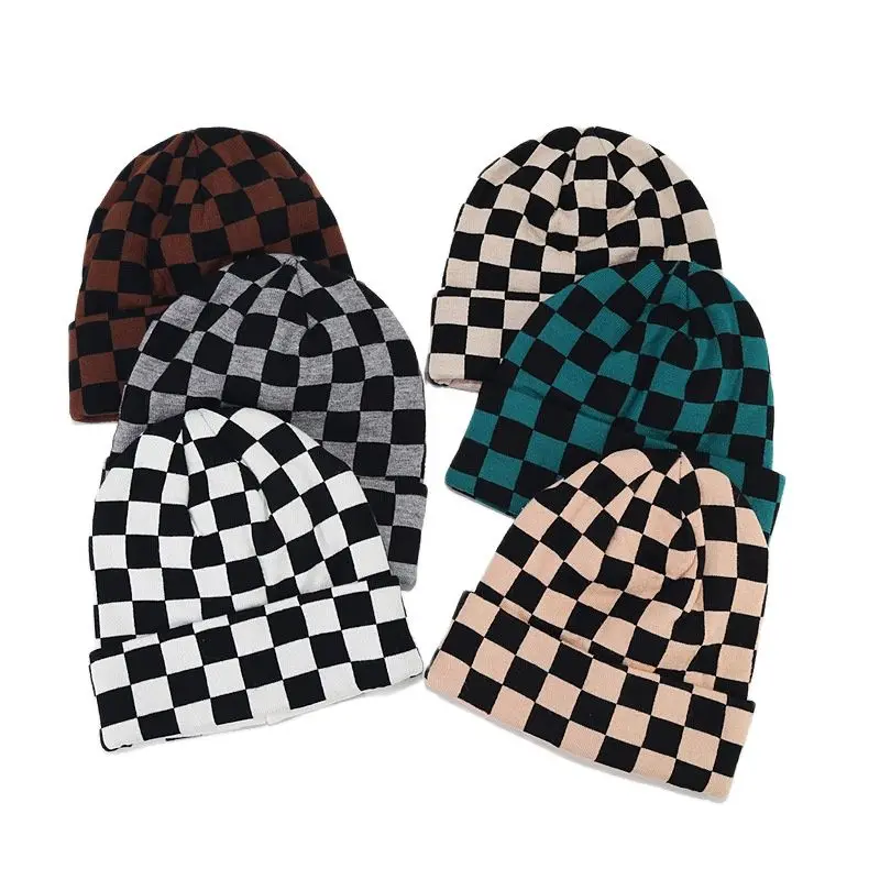 

Autumn Winter Cotton Plaid Print Thicken Knitted Hat Warm Skullies Cap Beanie Hat For Men and Women 13