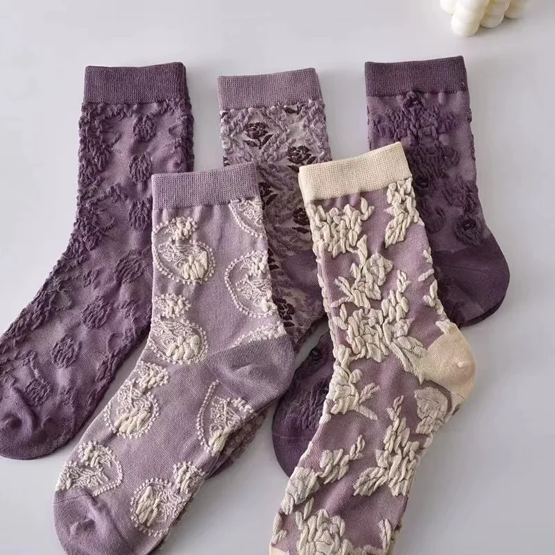 5 Pairs of New Fashion Trend Soft and Comfortable Retro Three-Dimensional Relief Purple Women's Socks