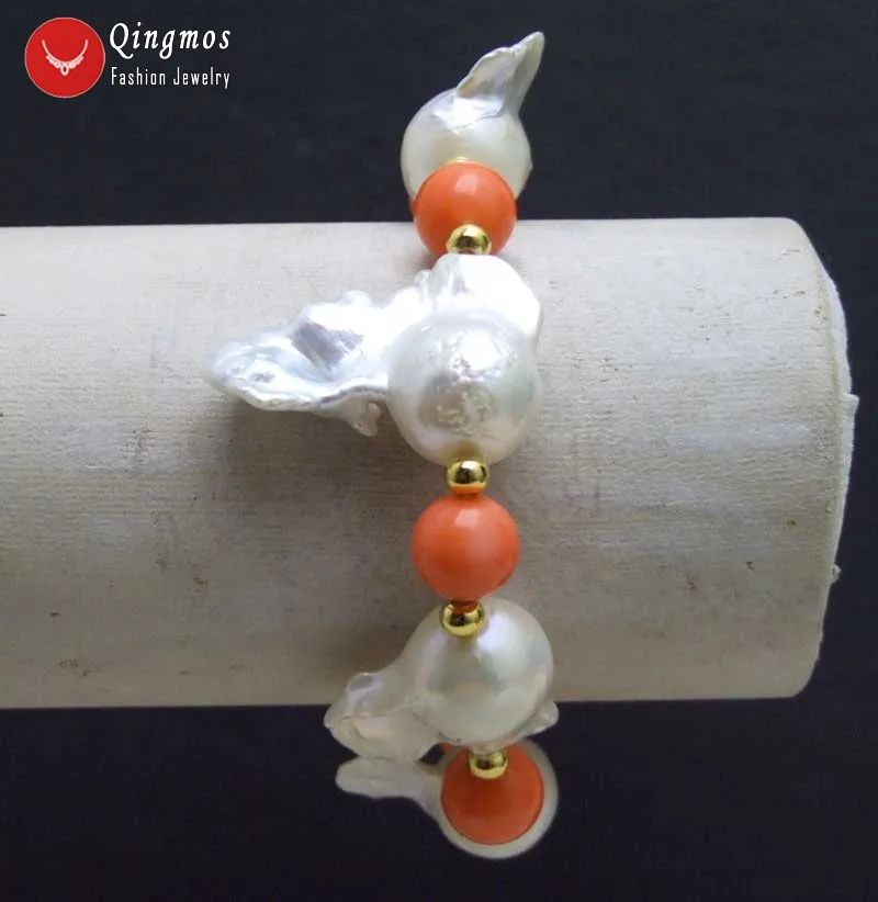 Qingmos 15-25mm Baroque Nuclear Natural White Pearl Bracelet for Women Jewelry with 9-10mm Natural Pink Coral Bracelet 7.5''