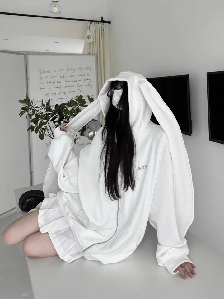 CEINOM Kawaii Bunny Ear Striped Long Sleeve Hoodies Women Harajuku Y2k