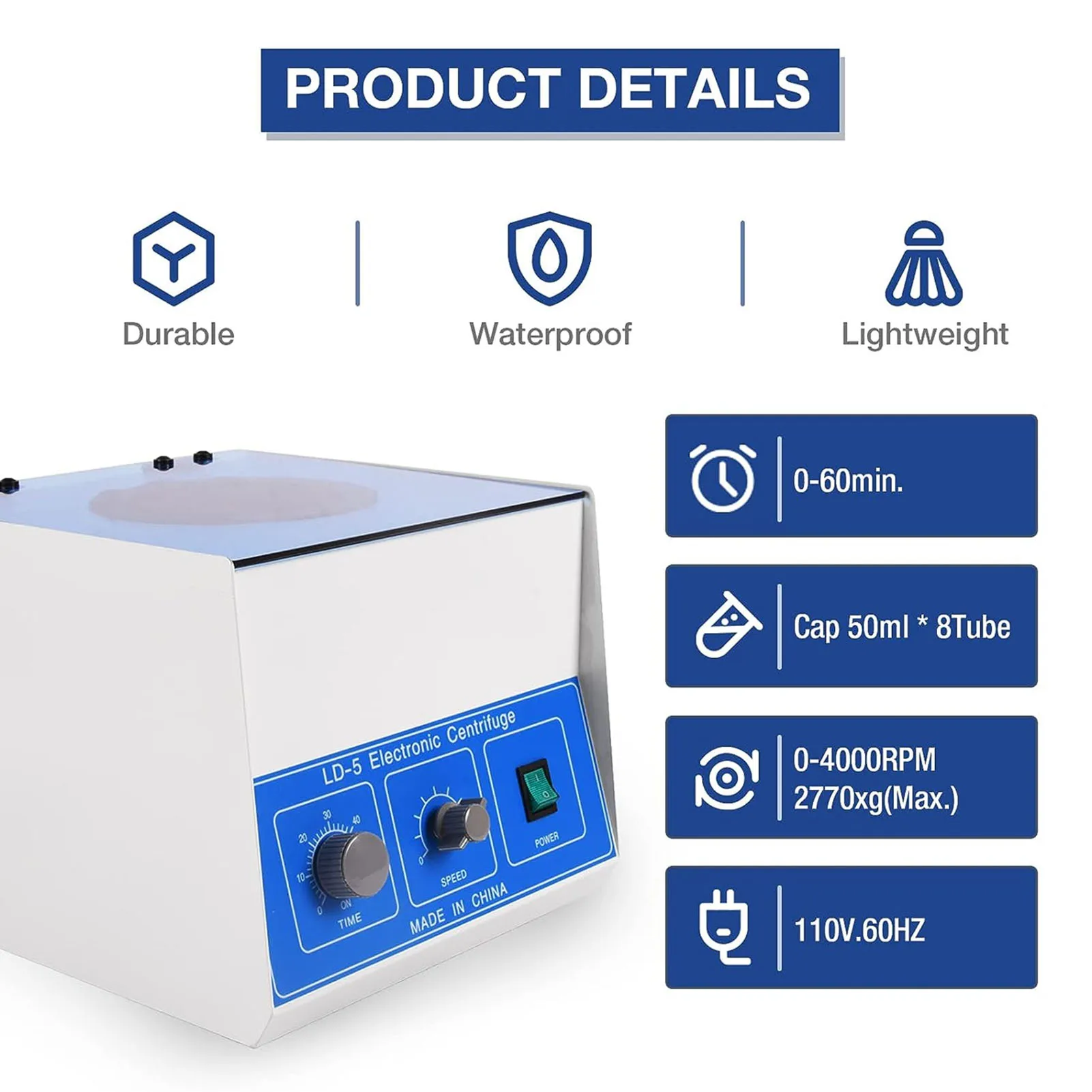 LD-5 Electric Benchtop Centrifuge 2770xg 4000RPM 50mlx8 Capacity Low Noise Laboratory Centrifuge with Timer Speed Control