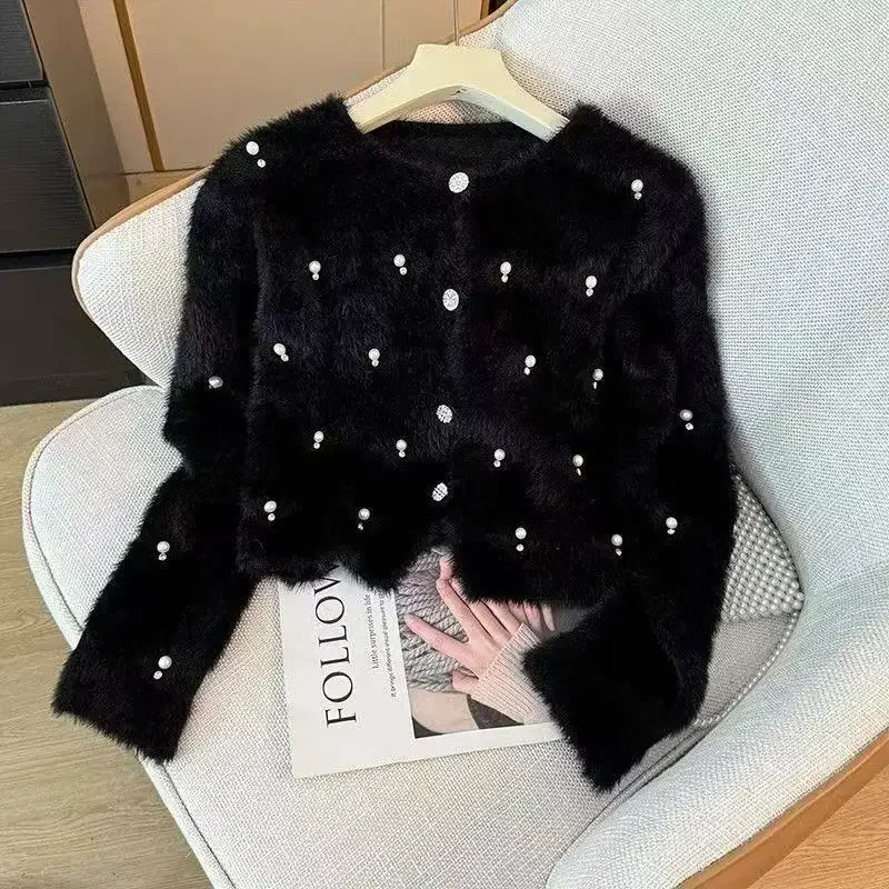 Autumn Fashion Plush Beaded Single-breasted Solid Color Coat Winter New Women's Round Neck Long-sleeved Cardigan Sweater