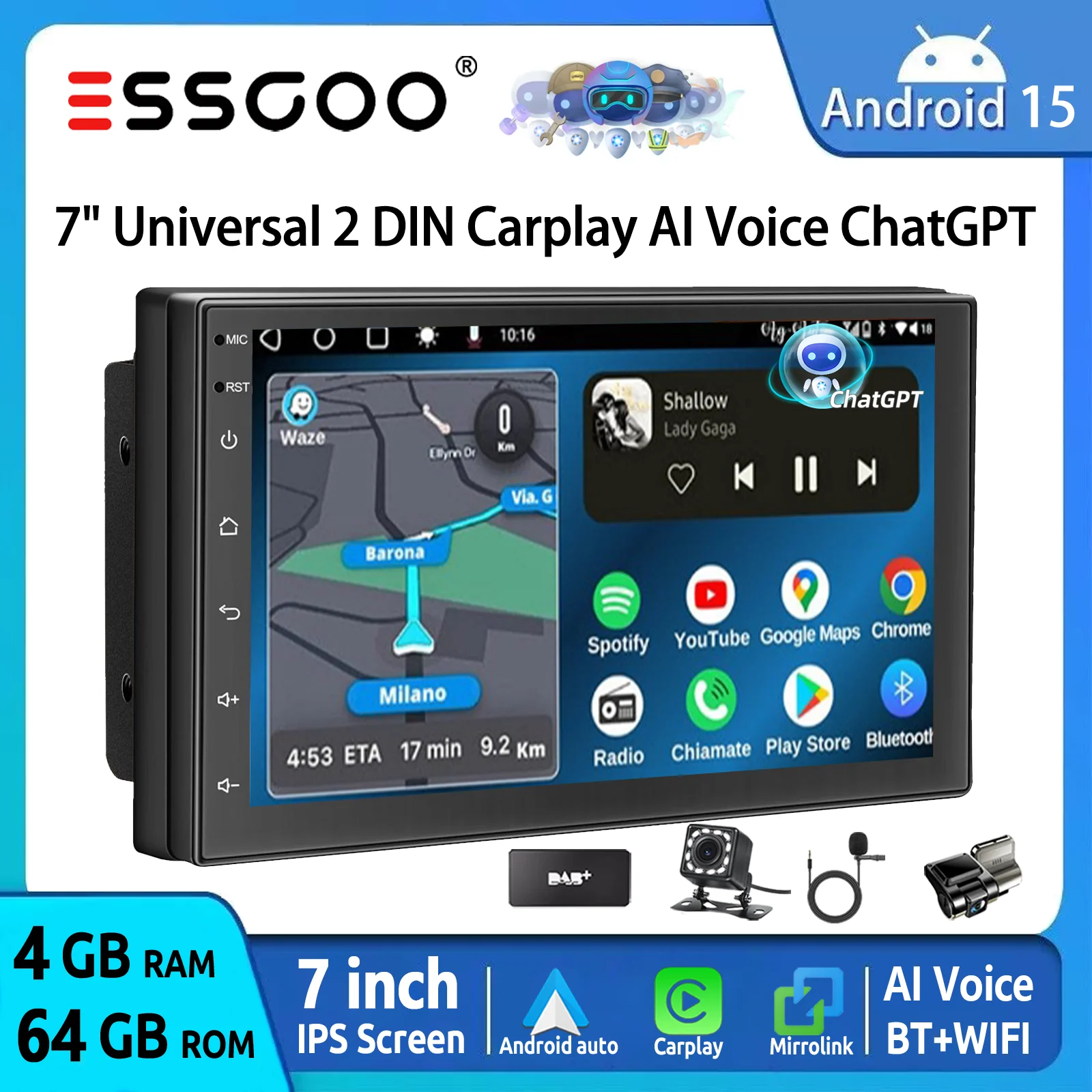 ESSGOO Universal Autoradio 2 DIN 7" Android 15 4+64GB Wireless CarPlay Android Auto GPS Navigation FM BT Wifi RDS KI-Sprachsteuerung ChatGPT Lenkradsteuerung IPS Touchscreen Mirror Link Multimedia-Videoplayer