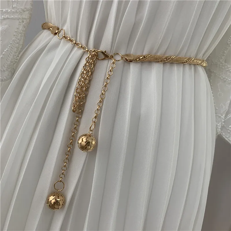 Fashion Elegant Women Metal Chain Belt Tassel Long Body Chain Dress Skirt Ladies Waistband pearl belt