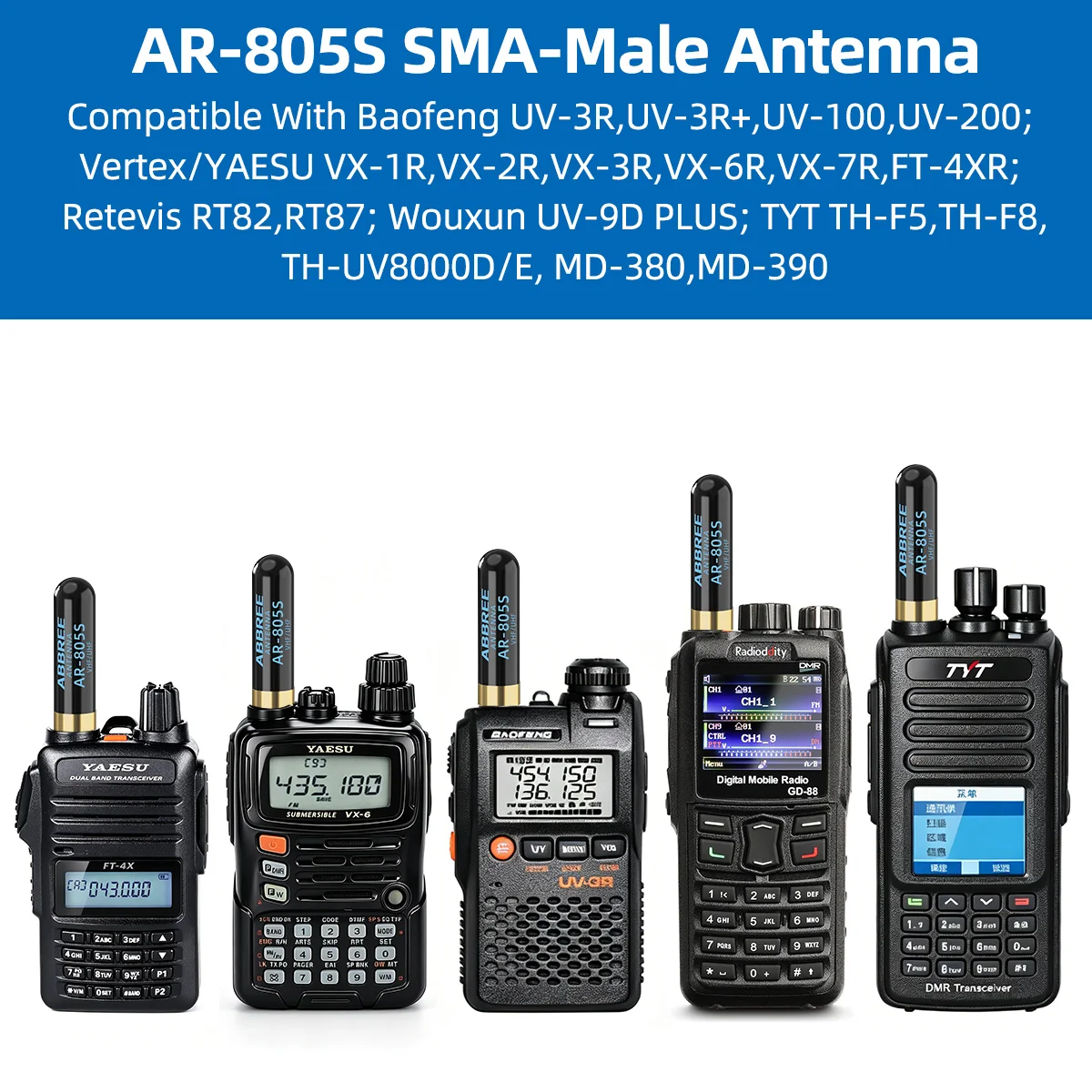 ABBREE AR-805S SMA-남성 미니 안테나 워키 토키 BAOFENG UV-3R Retevis RT82 Wouxun UV-9D PLUS 용 듀얼 밴드 고이득 안테나