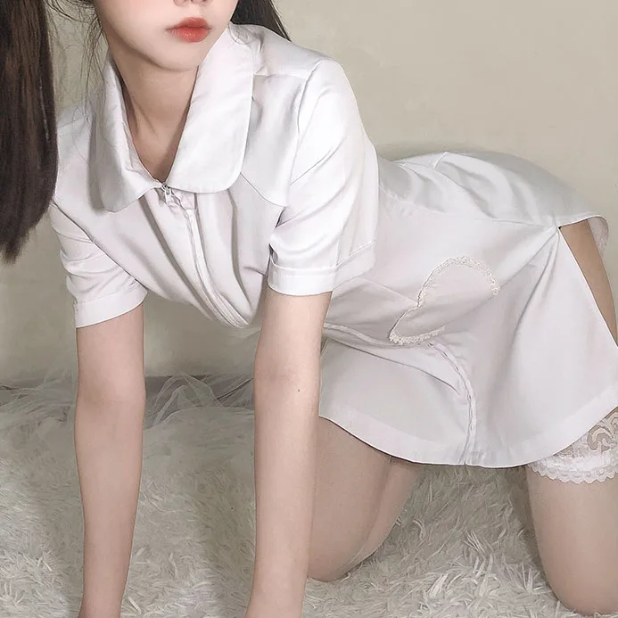 New Nurse Series Uniform Cosplay Women Sweet Love Heart Hollow Dress Outfits Set Halloween Carnival Costumes