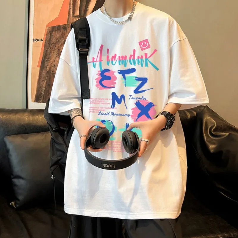 

Футболка мужская с коротким рукавом, винтажная Модная брендовая футболка из чистого хлопка с принтом надписи, с полурукавами, яркая, на лето