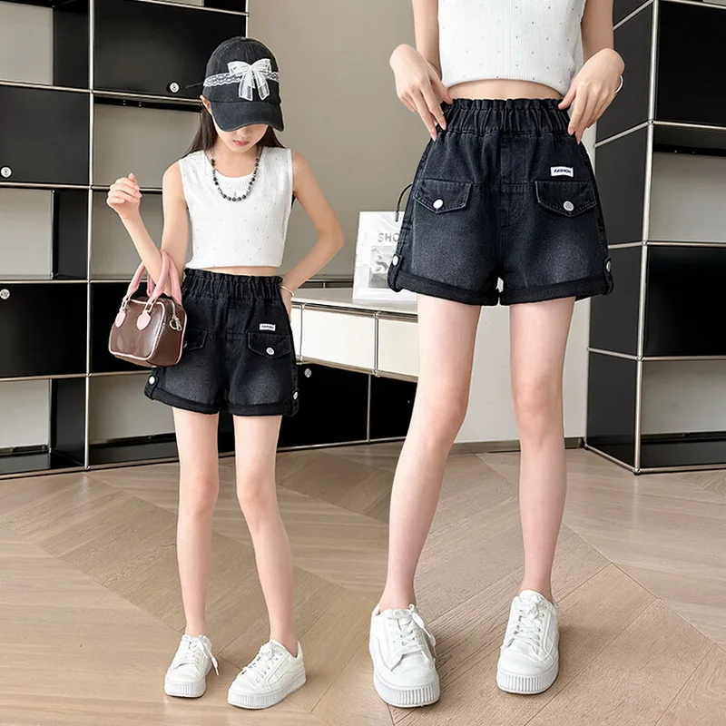 New Children Black Denim Shorts with Fake Pocket for Girls Summer Mini Jeans Kids Teenager Causal Rolled Shorts Age 5-14 Year