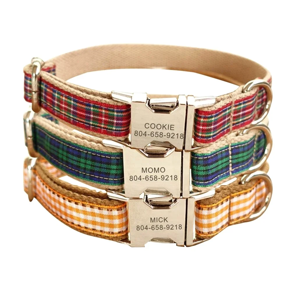 Dog Collar Personalized Pet Collar Scottish Plaid Puppy Cat Name ID Tag Adjustable Collars Lead Leash Free Engraving