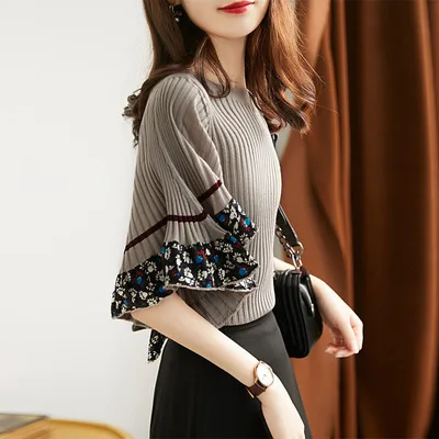 

French style spring summer 2023 new women's delicate commuting OL style simple trumpet sleeve knitted short sleeve t shirt tops