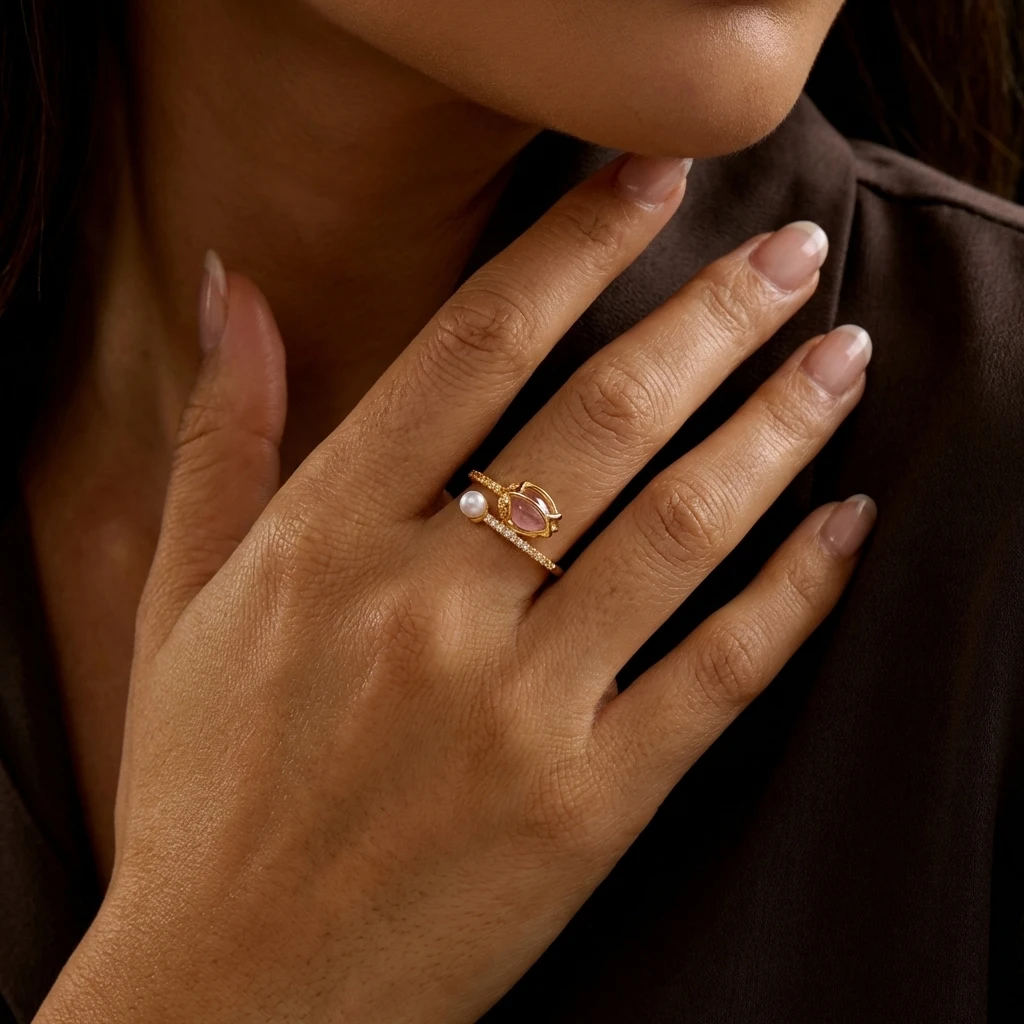 Minimalistischer Rosenknospen-Perlen-Bypass-Ring für Damen Messing Zirkon Pavé Kleiner Stein Offener Wickelring Zarter Modeschmuck