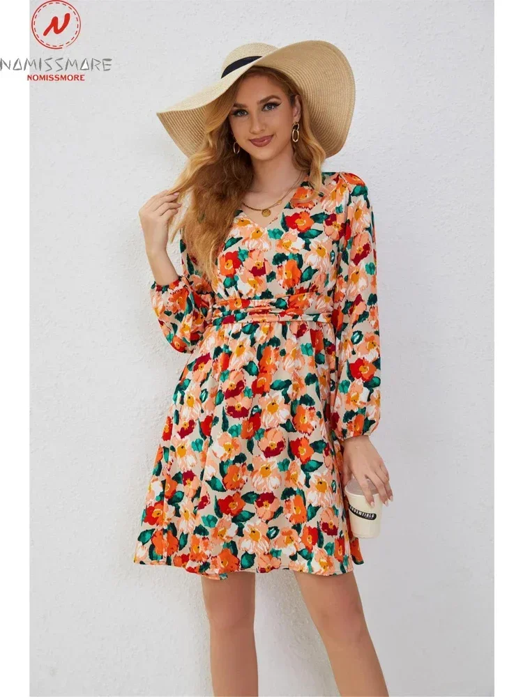 

Fashion Women Colorful Print A-Line Dress Patchwok Design Zipper Decor V-Neck High Waist Long Sleeve Autumn Slim Dress