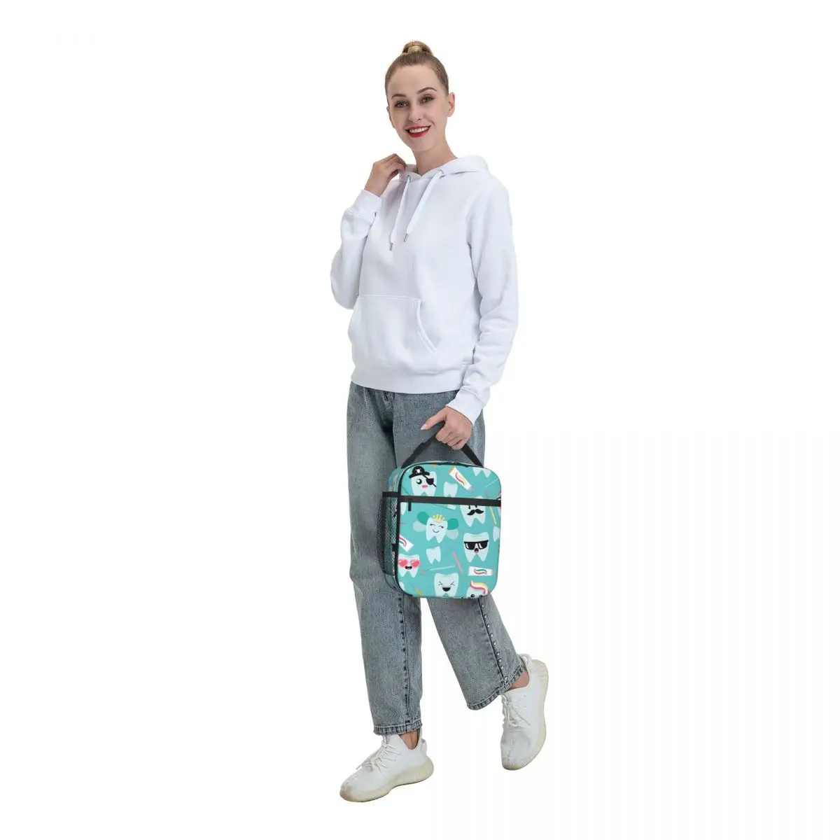 Kawaii Teeth Dental Pattern Insulated Lunch Bag for Women Portable Dentist Tooth Thermal Cooler Bento Box Office Picnic Travel