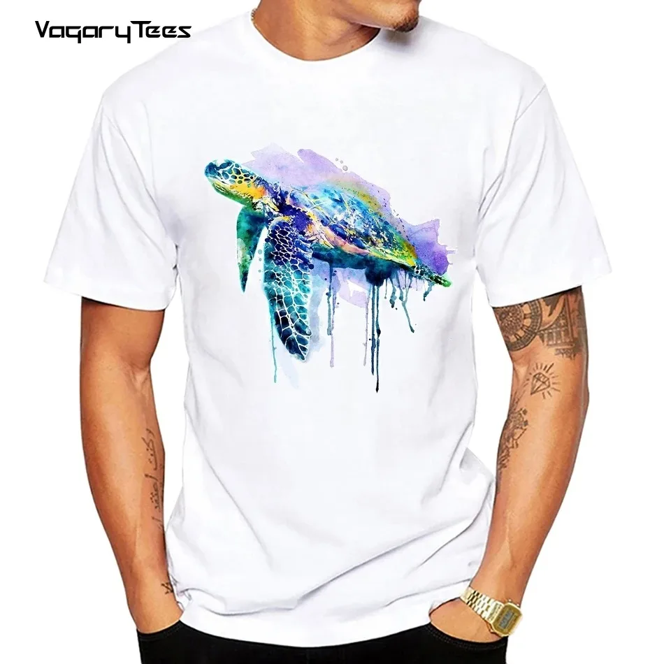 

Summer Men's Fun Watercolor Animal Cotton T-Shirt Casual Top Street T-Shirt Watercolor Turtle Print Men's Oversized T-Shirt