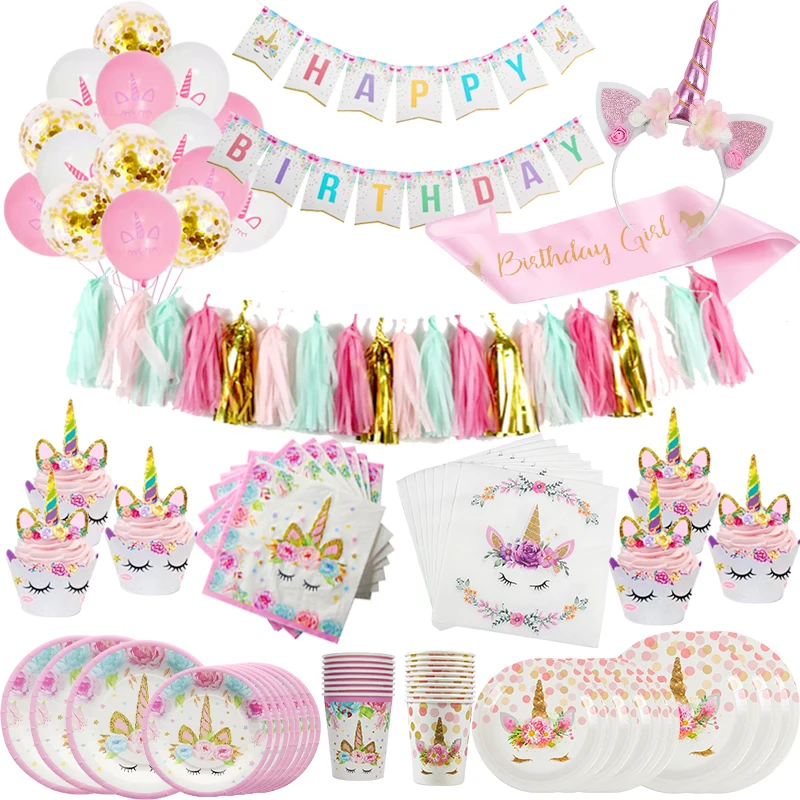 Unicorn Birthday Decoration Unicorn Latex Balloons Paper Cups Straw Napkins Tablecloth Girl Birthday Baby Show Party Supplies