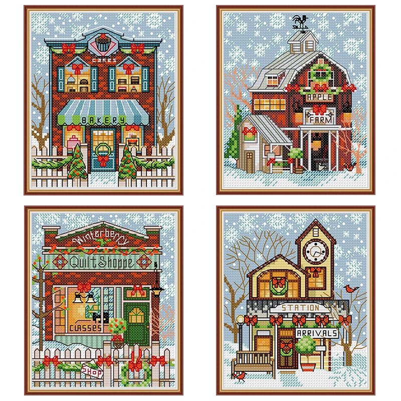 Christmas cottage pattern Mini cross stitch kits DIY winter scenery 14CT  11CT count canvas printing embroidery needlework crafts