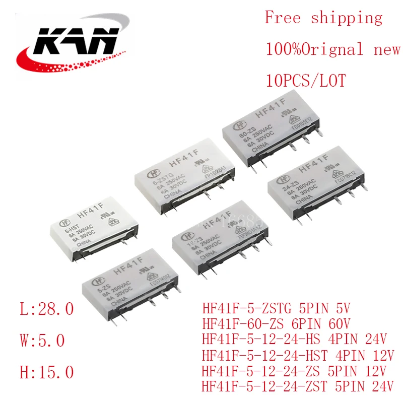 

Free shipping 10pcs Power relay HF41F-5-HS HF41F-12-HS HF41F-24-HS 5VDC 12VDC 24VDC 6A 250VAC 4PIN Original New