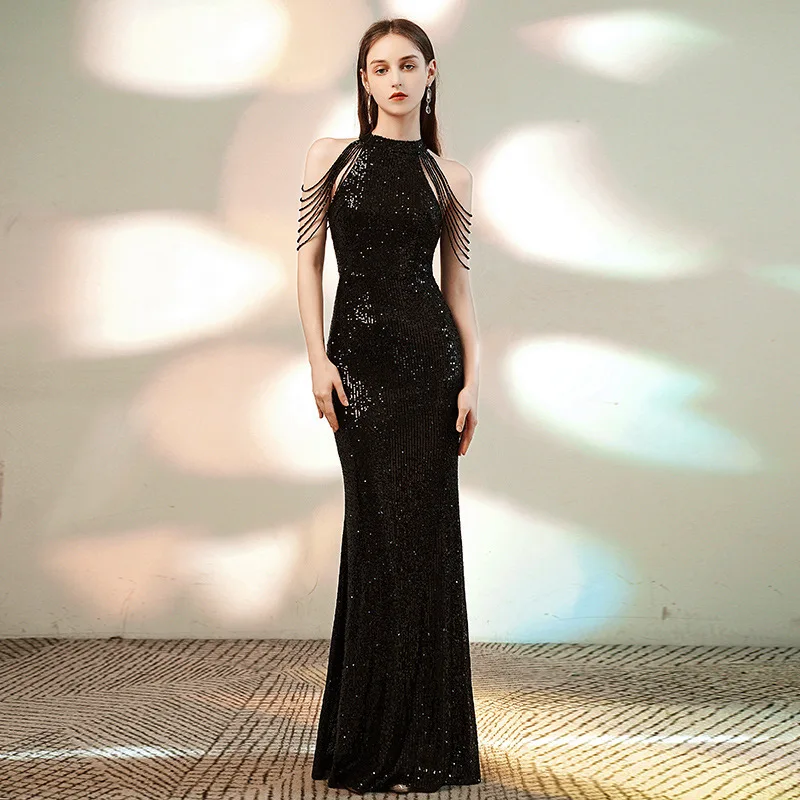 Fishtail Tassel Women's Evening Dress Annual Meeting Banquet Elegance Hanging Neck Shoulder Sequins Host Slim Fit Girl