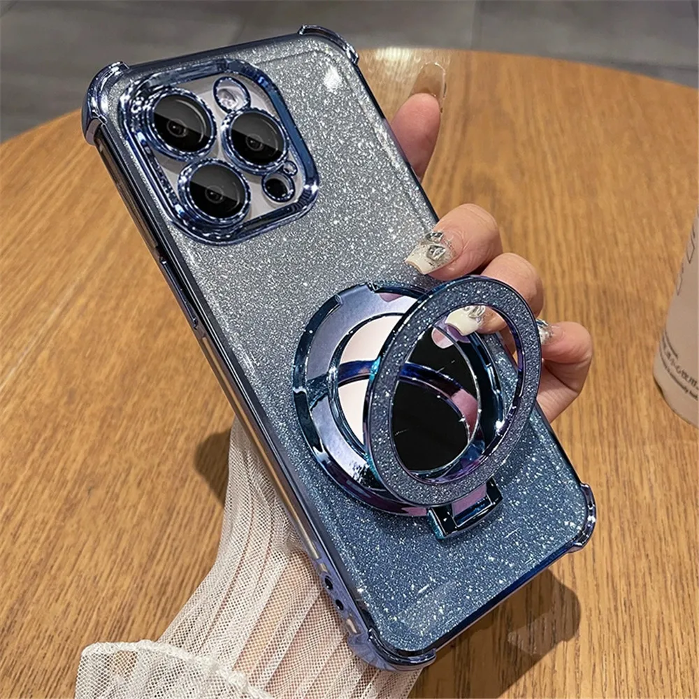 Glitter Shockproof Silicone Case with Mirror Magnetic Holder Stand Cover