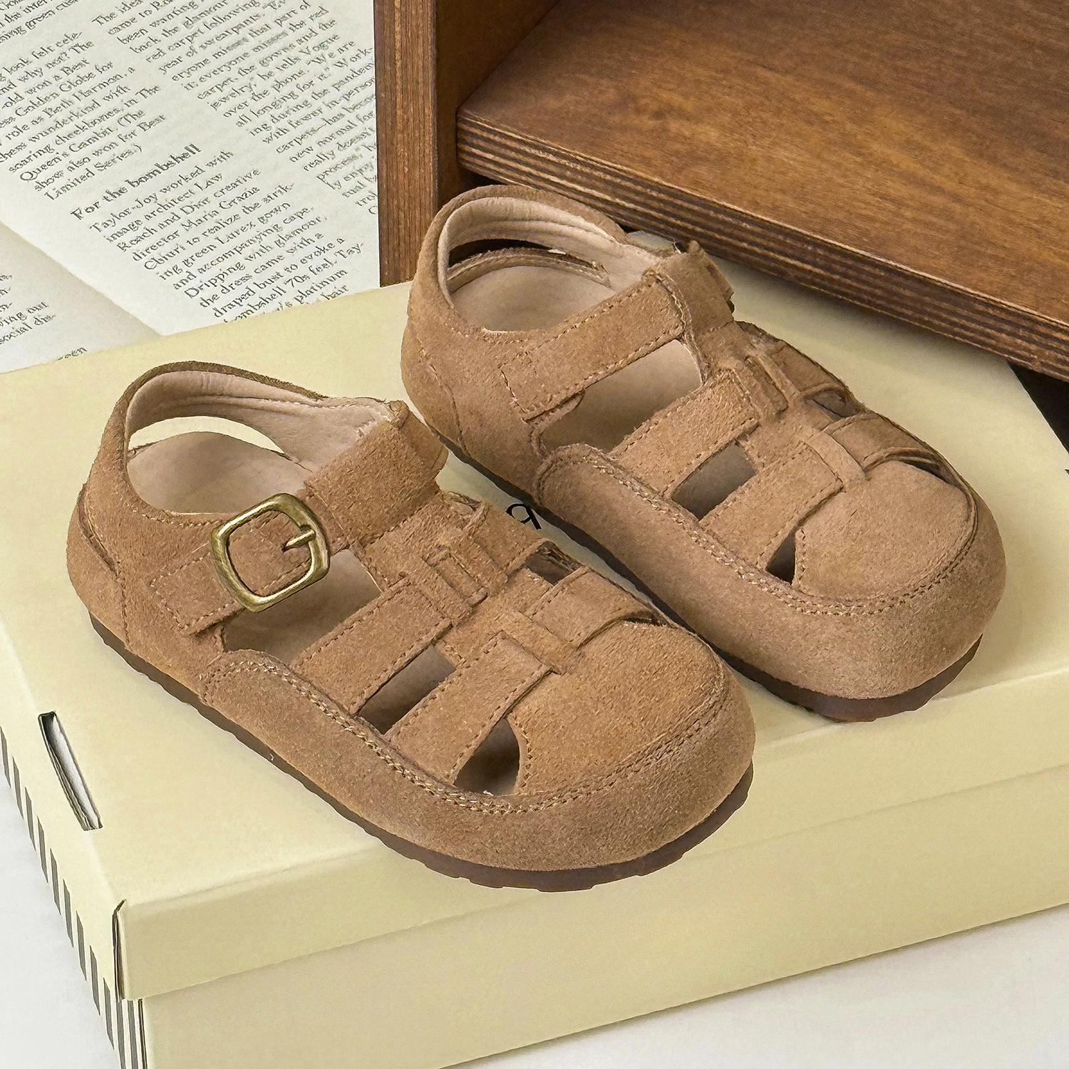 Summer Children Boys Girls Fashion Retro Matte Genuine Leather Hollow Closed Toe Sandals Kids Toddler Soft Sole Sports Sandals
