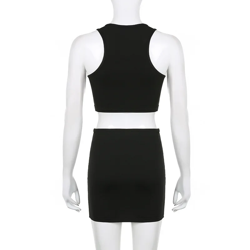 SKMY High Waist Skirt Set Women Outfits Hollow Out Sleeveless Crop Top Two Piece Set Beach Outfit Streetwear 2023 Summer Clothes