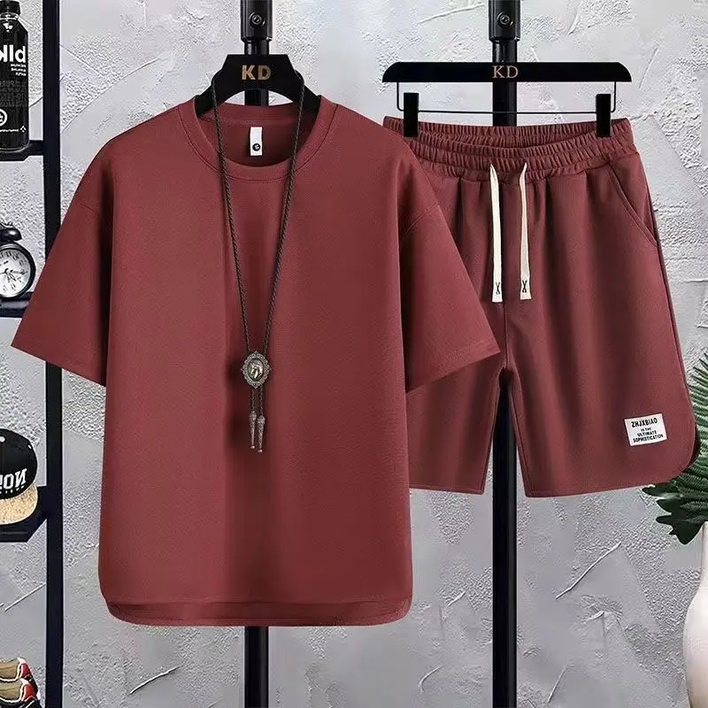 Summer Korean Trend Versatile Casual Sets Men Solid Round Neck Short Sleeved Top Elastic Waist Drawstring Pocket Sports Shorts