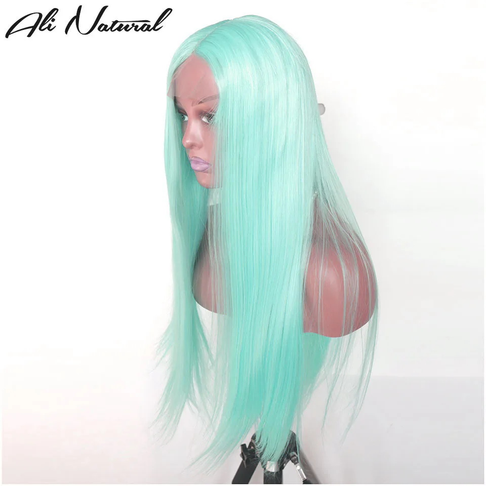 Light Green Color Synthetic Lace Wig 24inches Straight T Middle Part Lace Wig Heat Resistant Party Daily