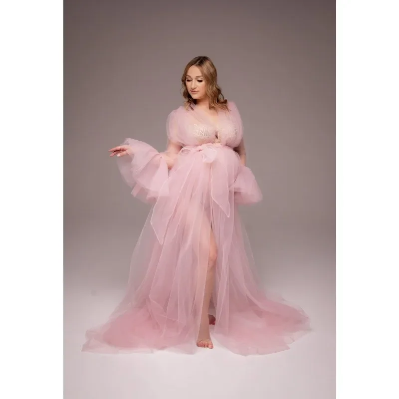 

Tulle Robe For Maternity Photoshoot, Maxi Transparent Boudoir For Woman, Long Sleeve, Photo Shoot Pregnancy Gown, Custom Size