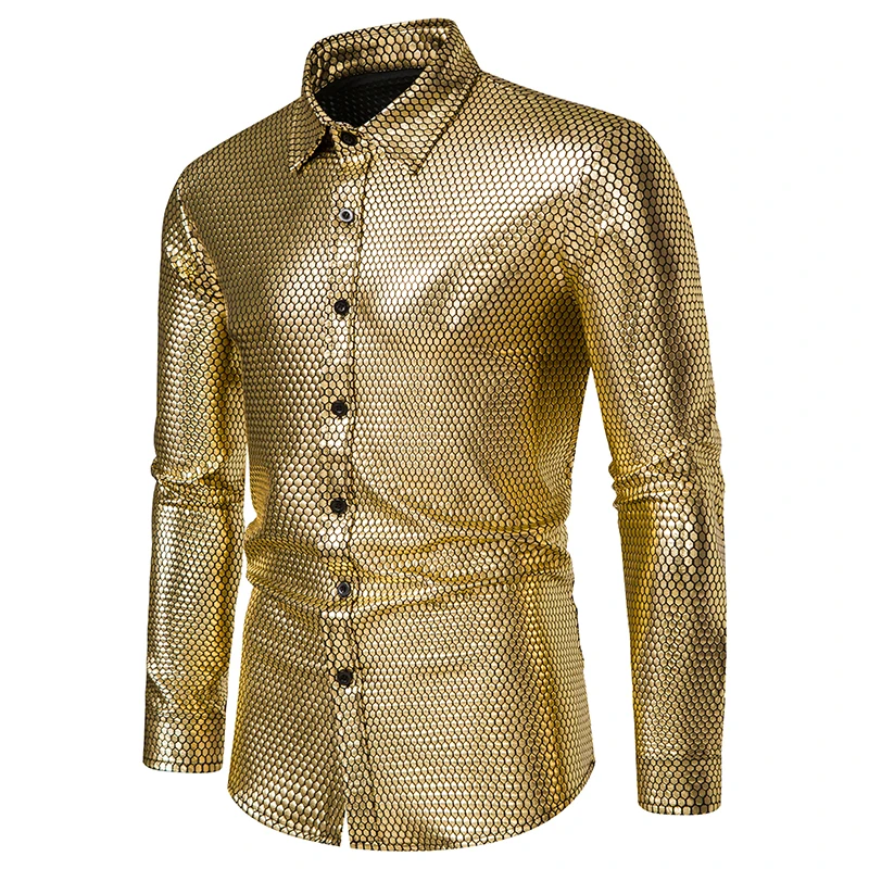 

2022 New Men's Bronzing Long Sleeve Button Down Lapel Shirt Disco Party Christmas Shirt