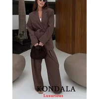 KONDALA Office Lady Casual Chic Solid Women Suit Single Button Sashes Loose Blazer Zipper Pants Fashion 2025 Autumn Winter Sets - Image 3