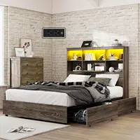 King Size Bed Frame with LED Bookcase Headboard, Wooden Storage Bed with Charging Station & 4 Drawers, No Box Spring Needed 1