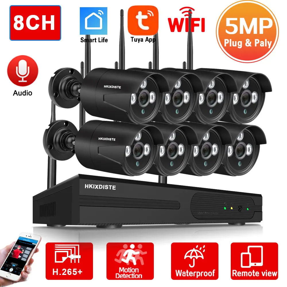 

H.265 8CH Wireless CCTV Security System 5MP Tuya Wifi NVR Kit Outdoor Waterproof Bullet IP Camera Video Surveillance Kit P2P 4CH