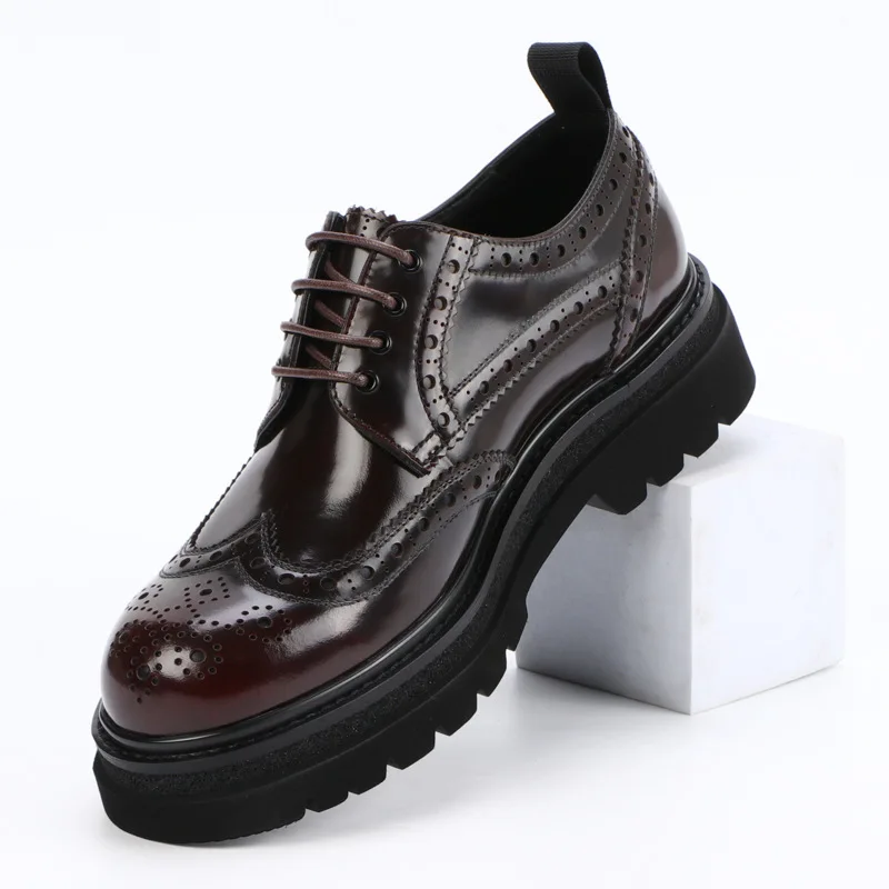 Brogue Carved Real Leather Shoes Men Genuine Leather Thick Soled Formal Business Casual Fashion Comfortable Wedding Dress Shoes