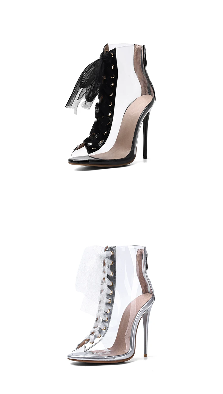 Transparente Rote, Schwarze und Weiße Spitze Peeptoe-Stiefeletten für Damen, Elegant und Sexy für Partys, 12cm Stilettoabsatz, 2026 Frühling/Sommer Neuestes Modell, Größen 45, 46, 47, Übergröße, Modisches Accessoire, Sandalen in Rot, Schwarz, Weiß, Schleifendesign, Reißverschluss, Designer-Stil – Detail 18