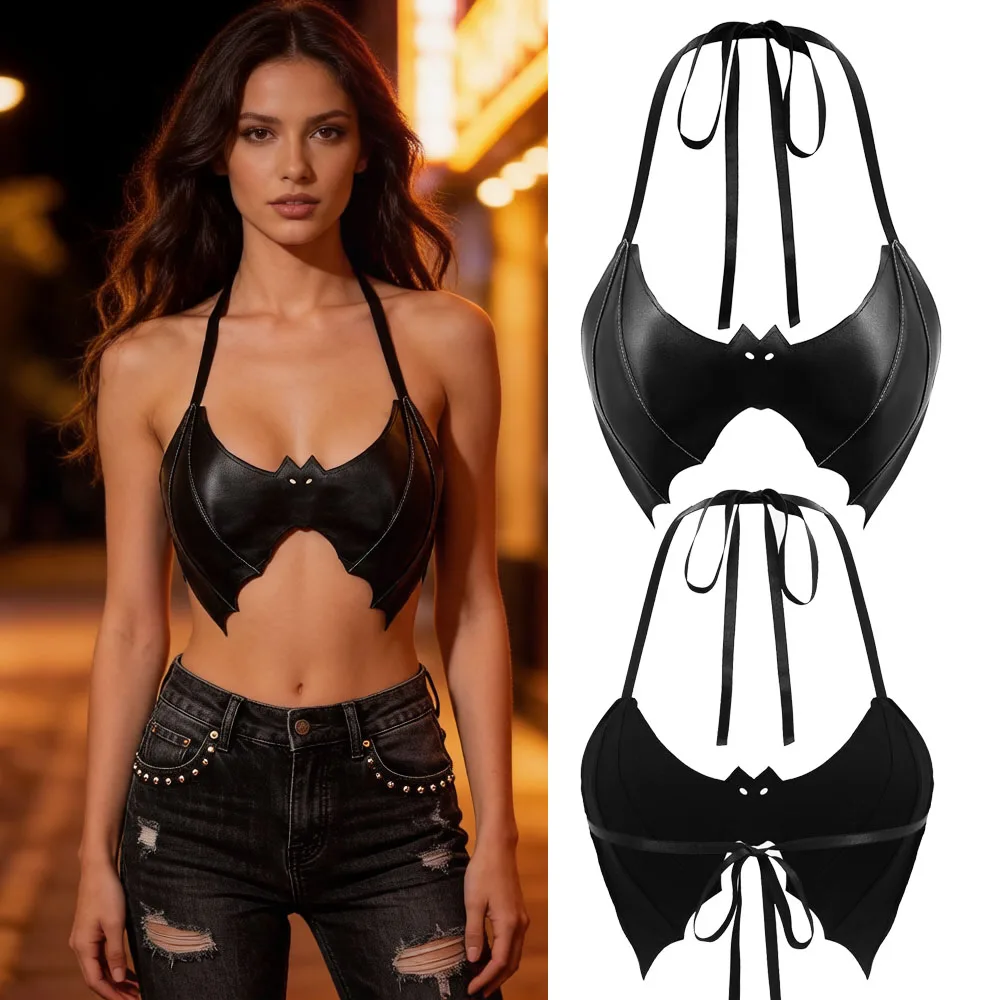 Gothic PU Leather Bat Wing Halter Crop Top Women's Slim Fit Streetwear Punk Rock Party Clubwear Sexy Backless Vest (One Size)