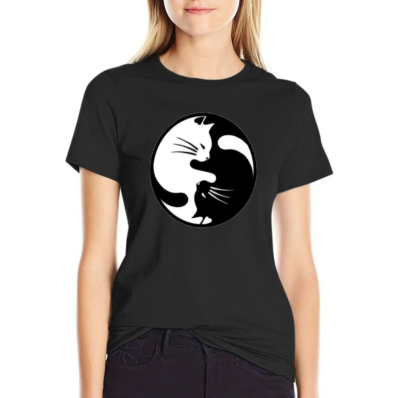 

ying yang cat t shirt T-Shirt female korean fashion black t-shirts for Women