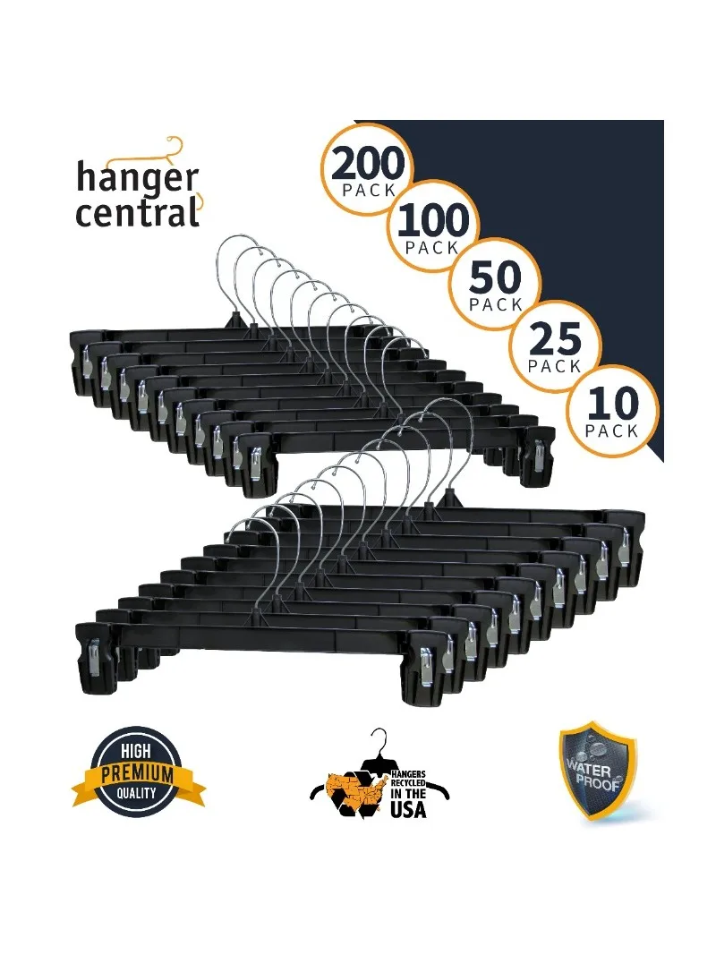 

Hanger Central Durable Plastic Pant & Skirt Hanger, X-Long Clip, Swivel Hook, 14 inch, 100 Pack, Black