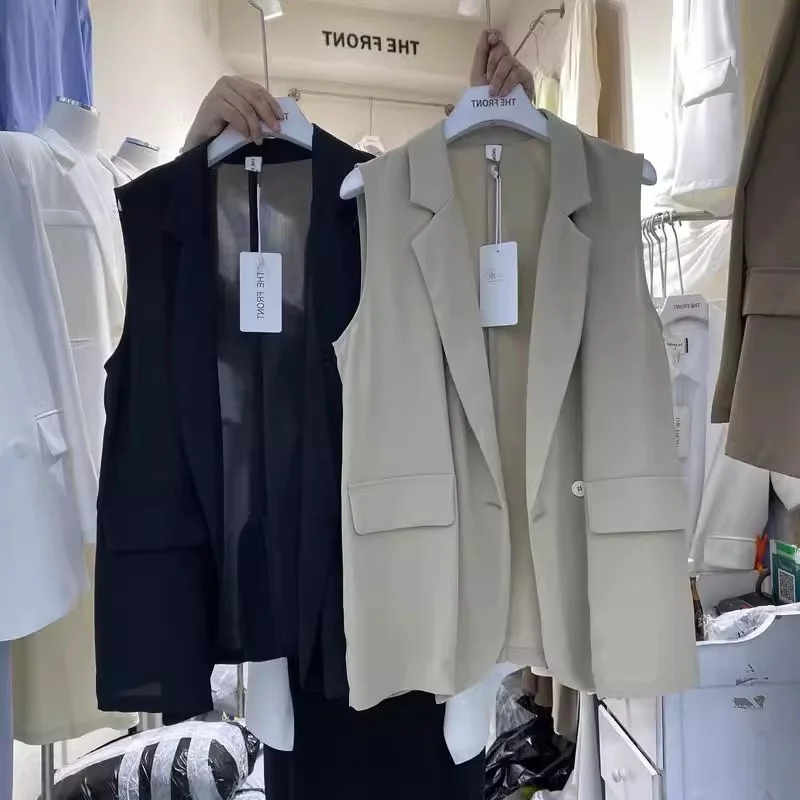 Fat MM300 kg Lapel Sleeveless One Button Suit for Women 2024 Summer New Loose Versatile Thin Suit Vest Coat Solid Color Commuter