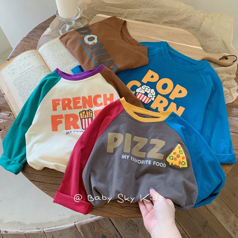 

Детская футболка, весна-осень 2024, рубашка с длинным рукавом и мультяшным рисунком для мальчиков и девочек, повседневный Топ контрастных цветов