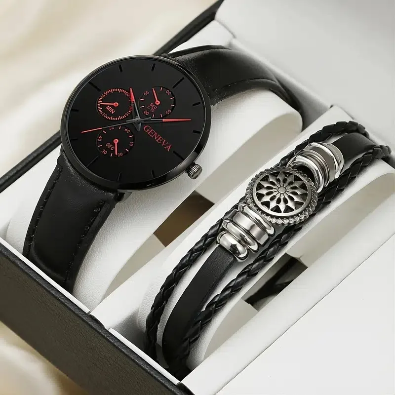 

Luxury Watch for Men Bracelet Set Quartz Wristwatches Black Leather Business Clock Gift for Boyfriend Husband Reloj Hombre