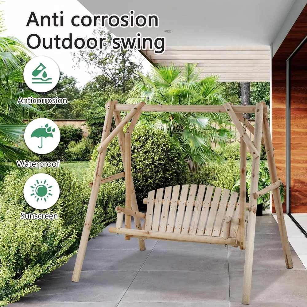 Swing Frame Combination Porch Swing with Stand Log Swing Stand 67 Inch Wooden Porch A-Frame Backyard Chair 2