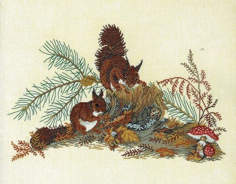 Gold Collection Embroidery Red Squirrels Funny Cross Stitch Patterns with Cotton Floss & Needlework Kit for Home Decor