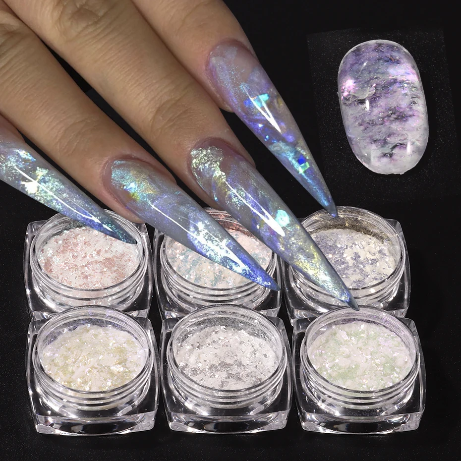 6 Colori Aurora Pearl Opal Powder Glitter Per Unghie Cristallo Iridescente Broccato Fiocchi Unicorno Charm Paillettes Manicure Decorazione Fetta