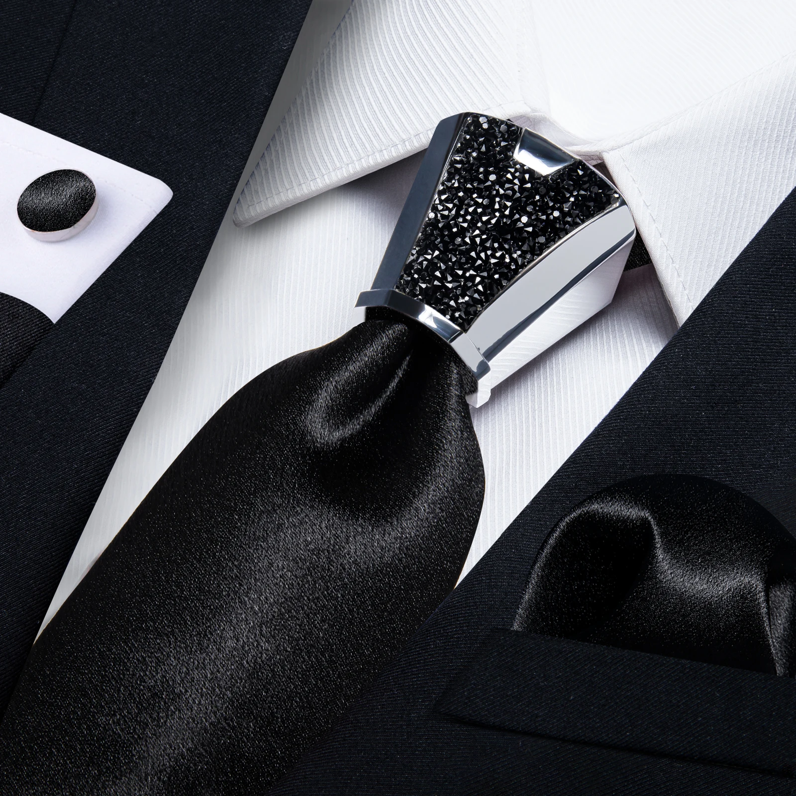 

Solid Black Silk Ties for Men Wedding Party Blue Red Groom Accessories 8cm Tie Handkerchief Cufflinks with Plastic Tie Buckle Di