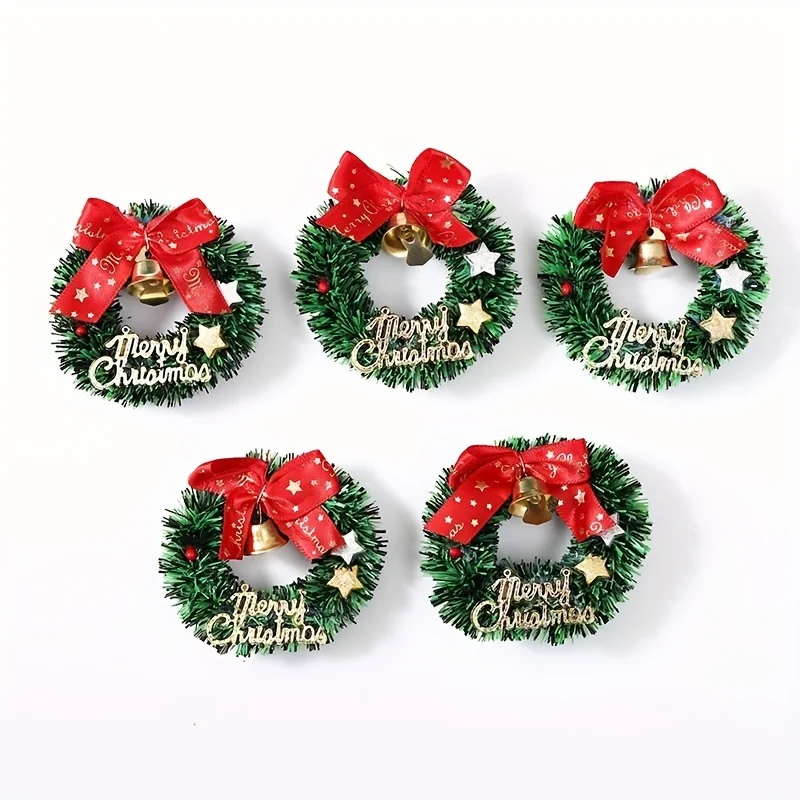 10/20 Stück Mini-Weihnachtskränze mit roten Schleifen und goldenen Glocken – Weihnachtsdekoration aus Kunststoff für mehrere Gelegenheiten – künstliches Basteln – Detail 3