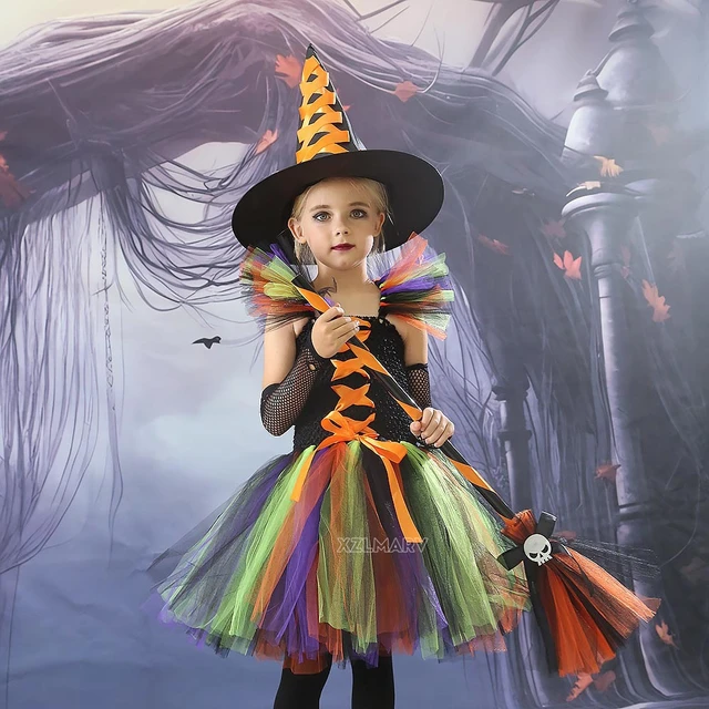 Costume de sorcière cosplay pour filles, robe de carnaval pour enfants,  robe de paupières de sorcière pour bébé, ensemble de vêtements, sac et