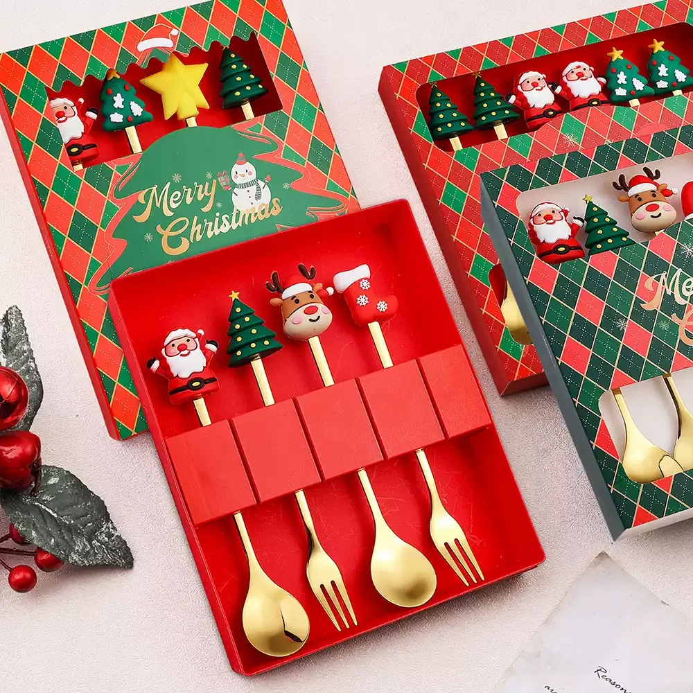 2/4/6Pcs Christmas Fork And Spoon Set Stainless Steel Creative Tableware Coffee Tea Dessert Forks And Spoons Gift Set Cutlery set