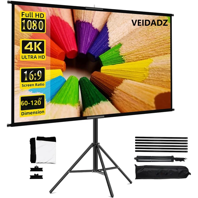 VEIDADZ Projector Screen With Stand Foldable White Wrinkle-Free 60-120 inch 16:9 Screen With Bag for Home Theater Indoor Outdoor