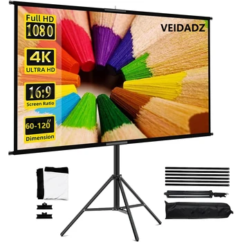 VEIDADZ 접이식 프로젝터 스크린, 스탠드 포함, 흰색 주름 없는 60-120 인치 16:9 스크린, 가방 포함, 홈 시어터 실내 야외